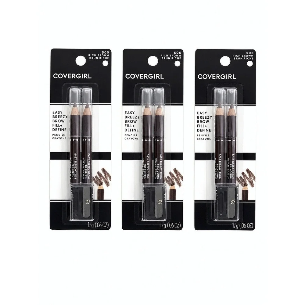 3pk Covergirl Easy Breezy Brow Fill Define Pencils 505 Rich Brown with Sharpener